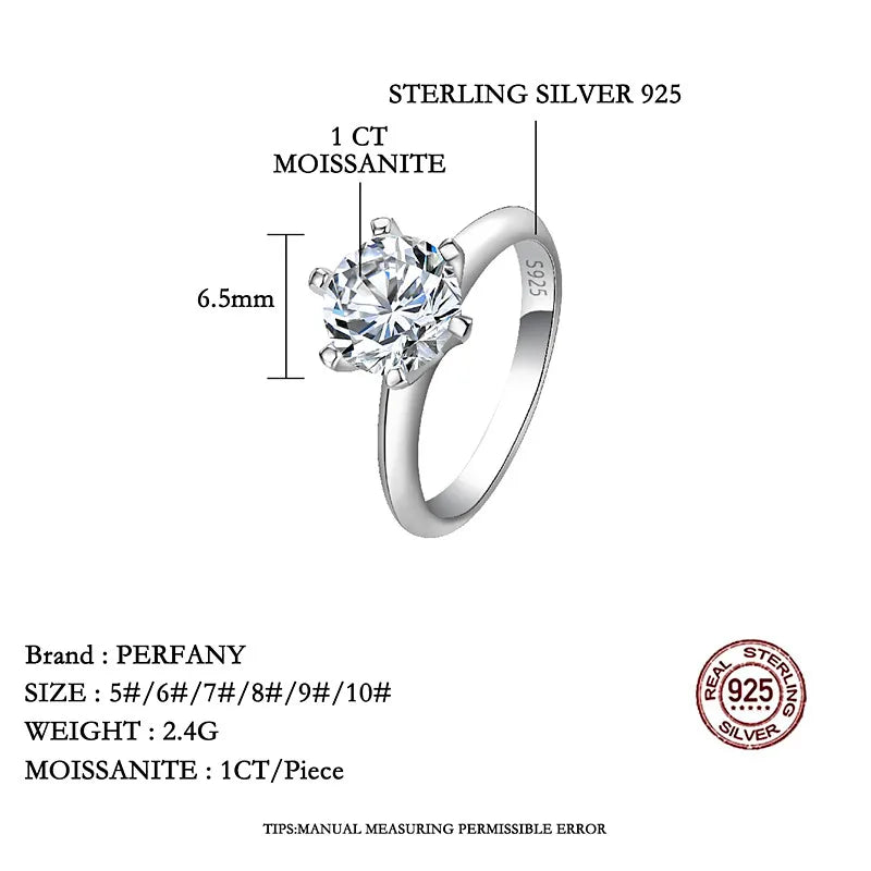 PERFANY 1-5CT Moissanite Ring for Women S925 Pure Silver Classic Six Claw Laboratory Diamond GRA Certified Ring Wedding Jewelry - Madeinsea©