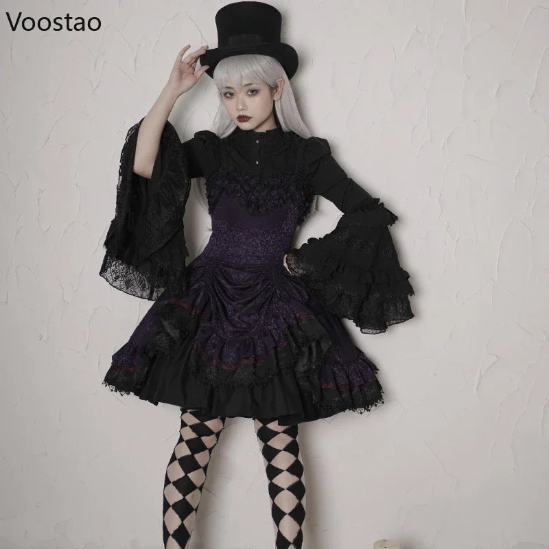 Victorian Gothic Lolita Style Shirts Women Vintage Elegant Lace Ruffles Flare Long Sleeve Slim Blouse Japanese Sweet Y2k Tops