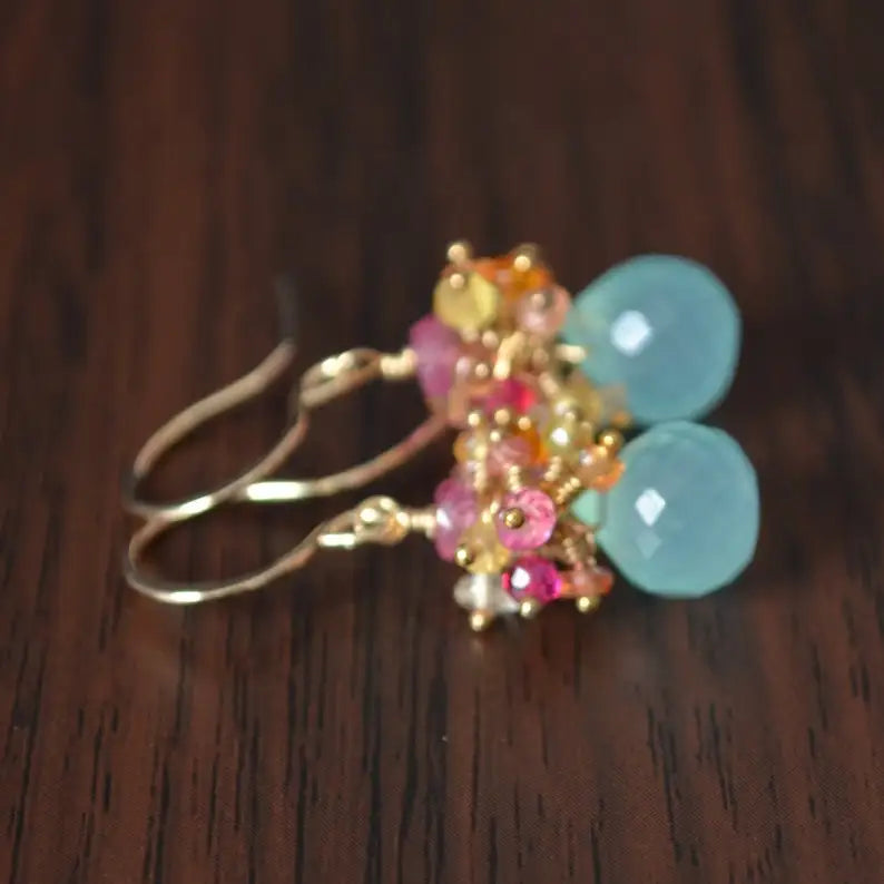 Summer Earrings, Gold Filled Jewelry, Real Chalcedony, Aqua Gemstones, Orange Yellow Pink Sapphires, Cluster Ear Rings