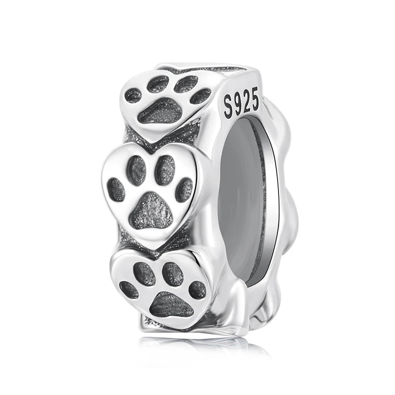 WOSTU 925 Sterling Silver Pet Paw Print Silicone Beads Lovely Cat Spacer Bead Fit Original Bracelet Gift For Pet Lover Family