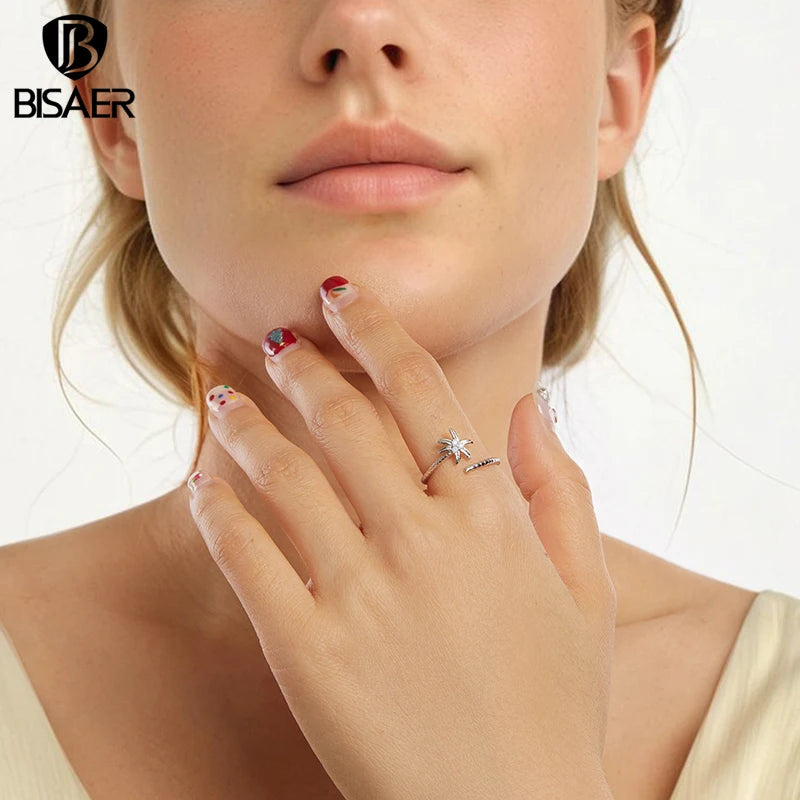 BISAER 925 Sterling Silver Coconut Tree Open Ring Opal Band Plated White Gold for Women Party Original Fine Jewelry Holiday Gift