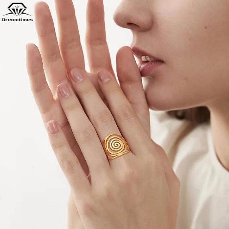 Dreamtimes Fashion Round Geometric Braided Spiral Swirl Ring for Women Stainless Steel Adjustable Thumb Open Ring Jewelry Gifts