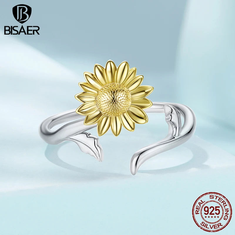 BISAER Gold Sunflower Open Ring 925 Sterling Silver Delicate Blooming Flowers Eternity Band for Women Party Fine Jewelry Gift