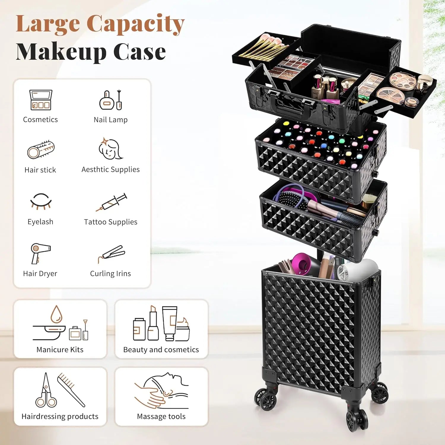 Rolling Makeup Train Case 4 in 1 Cosmetology Case on Wheels Large Storage Cosmetic Trolley with Key Salon Barber Case