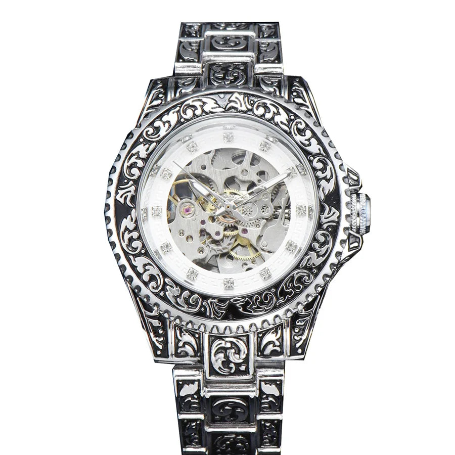 LONGLUX automatic watch retro luxury mechanical watches alloy carve wholesale waterproof no logo mens watch men gift