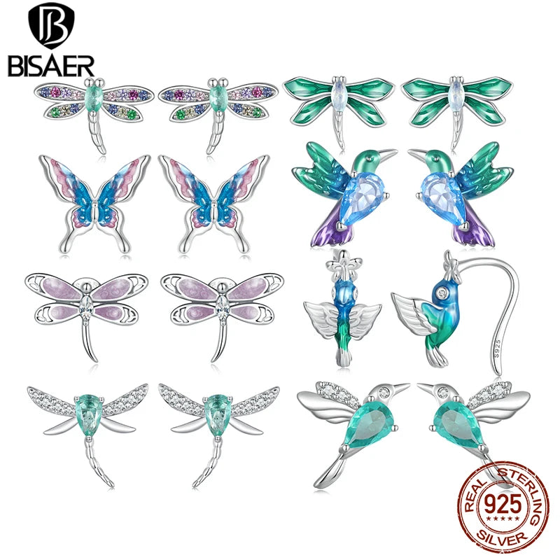 Boucles d'oreilles à tige en argent sterling 925 BISAER en forme de colibri, boucles d'oreilles papillon libellule pour femmes, mini clip d'oreille pour fête, cadeau pour fille