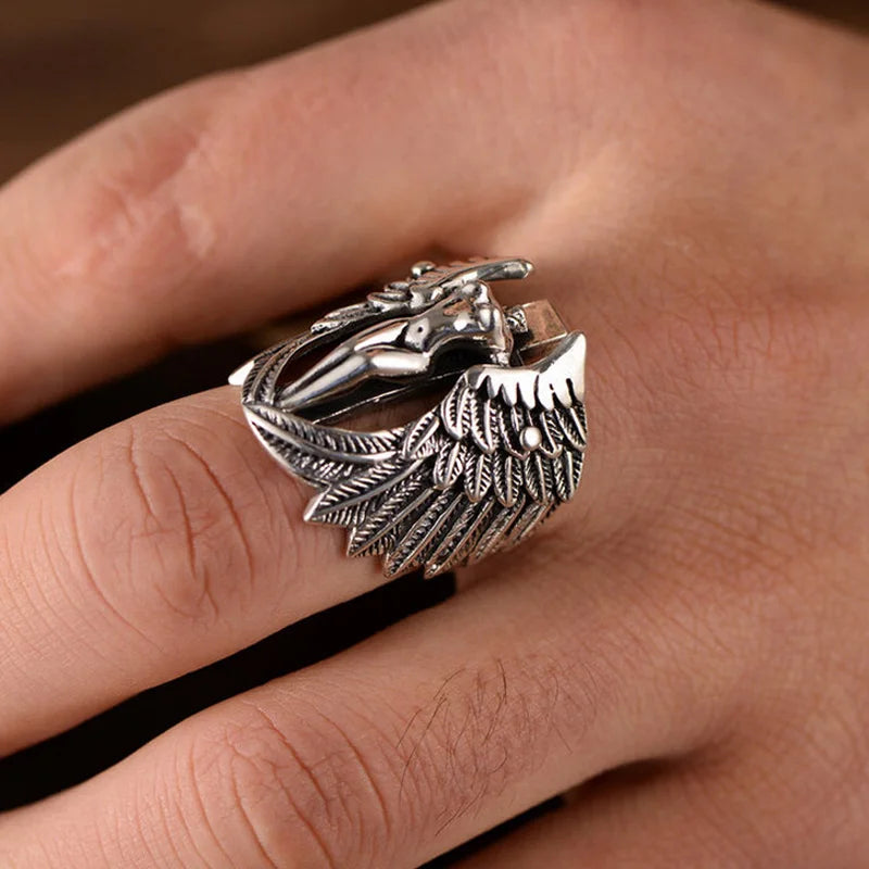 Retro Cross Angel Wings Ring For Men Silver Color Punk Gothic Open Ring Handmade Rock Hiphop Unisex Jewelry Accessories Man Gift