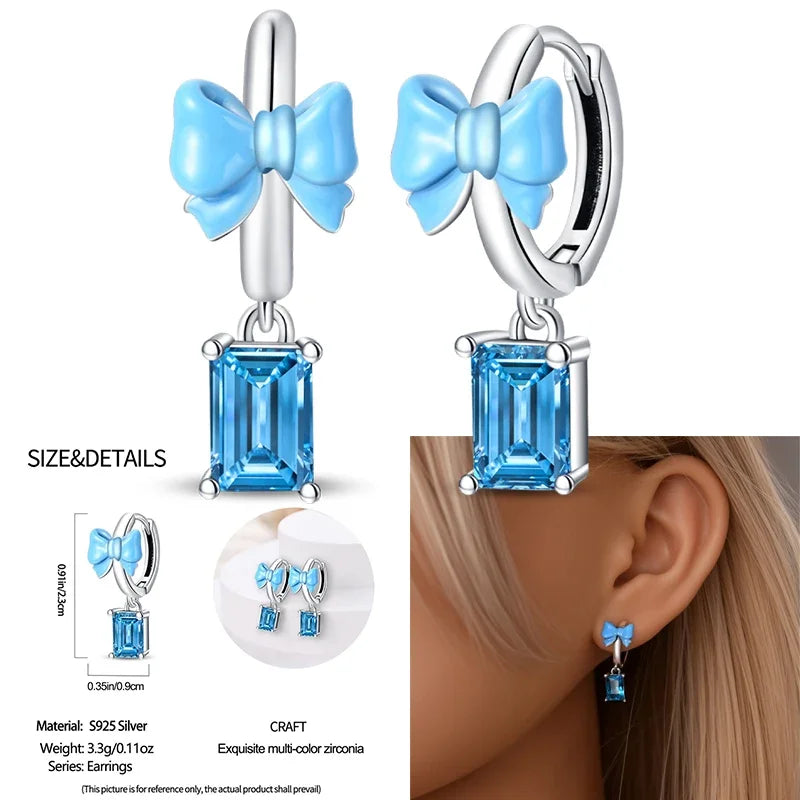 925 Sterling Silver Christmas Blue Snowflakes Tassel Diamond Earrings Red Bow for Women Creative Jewelry Christmas Themed Gifts