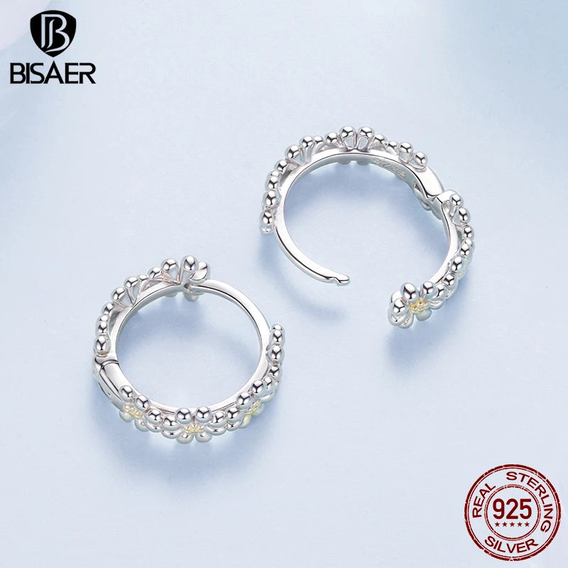 BISAER 925 Sterling Silver Daisy Hoop Earrings Two-tones  Minimalist Earrings 14K Gold Plated for OL Women Party Fine Jewelry