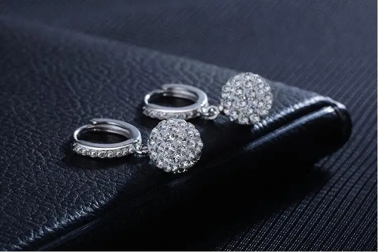 Luxury 925 Sterling Silver 10MM Rhinestone Round Ball Charm Hoop Earrings For Women Wedding Fine Jewelry aretes Creole Huggies