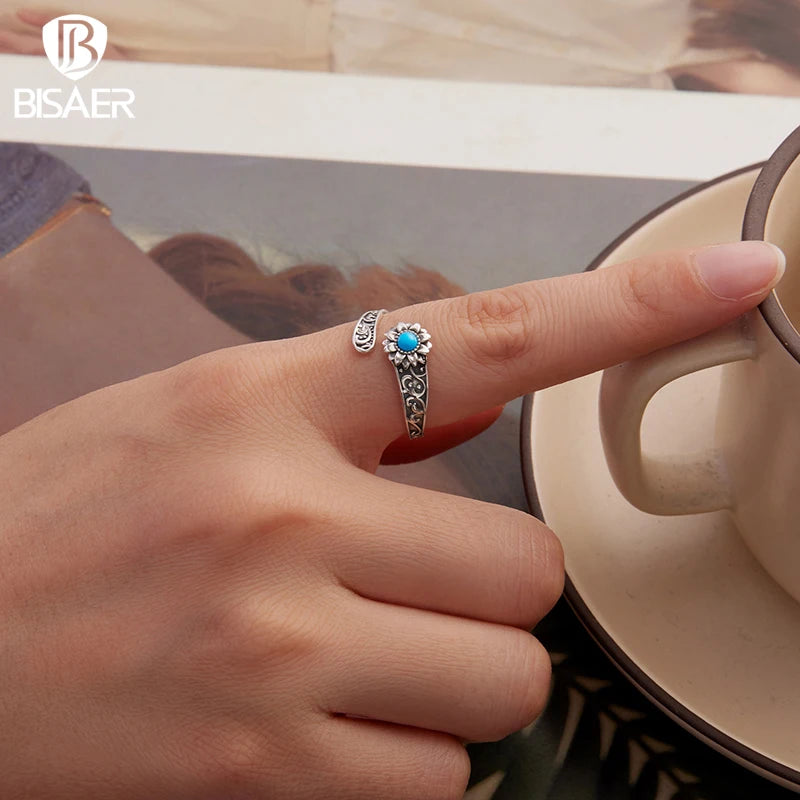 BISAER Solid 925 Sterling Silver Sunflower Turquoise Open Ring Vintage Blooming Flower Band for Women Party Fine Jewelry Gift