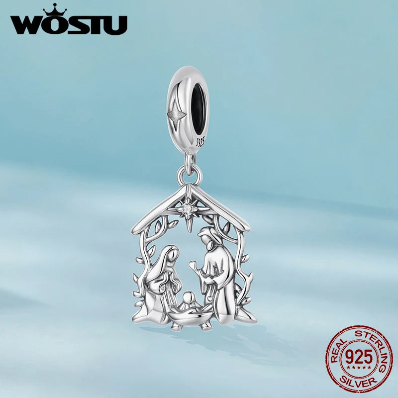 WOSTU 925 Sterling Silver Jesus Nativity Scene Charm The Birth Of Jesus Pendant Fit Bracelet Necklace Making DIY Unqiue Gift