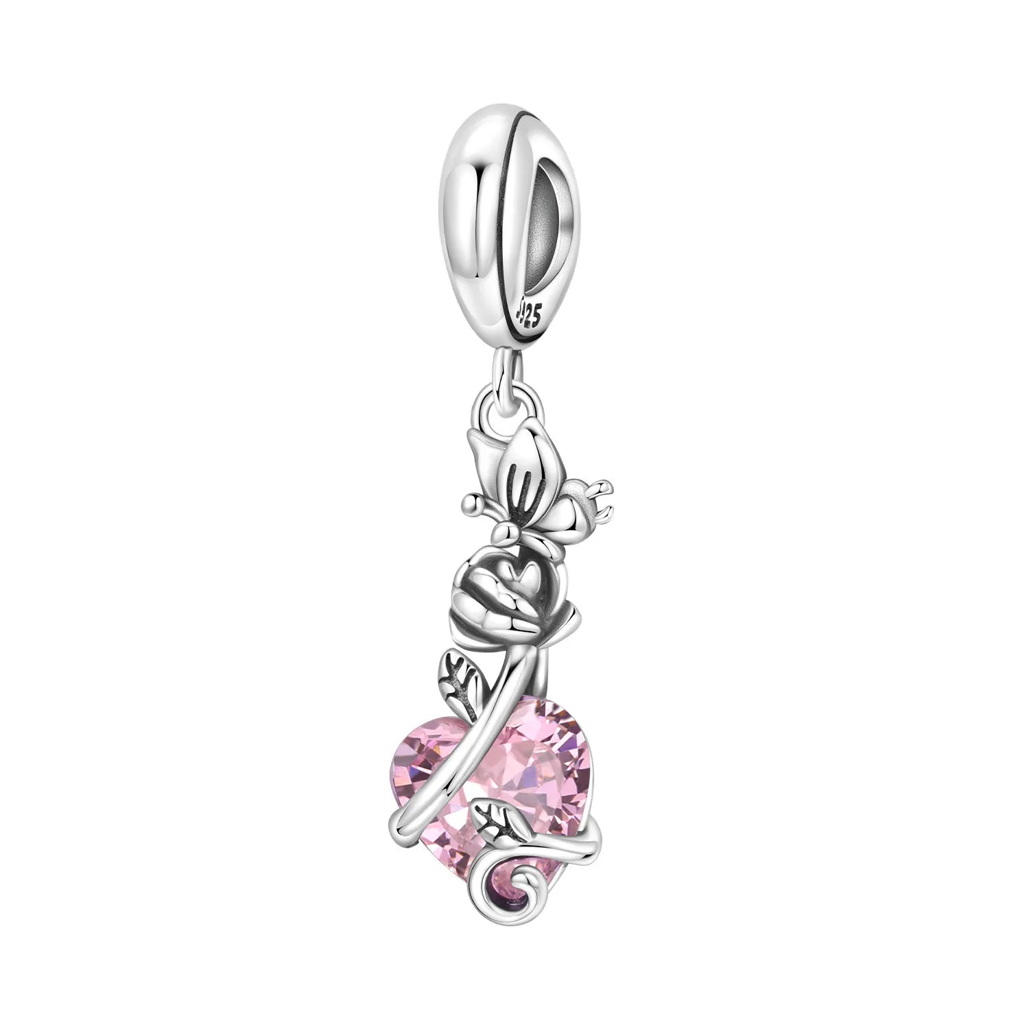 PANPOKI 925 Sterling Silver Butterfly Rose Love Zircon Beads Original Pendants Bracelet Charm Jewelry Party DIY Trendy Gifts