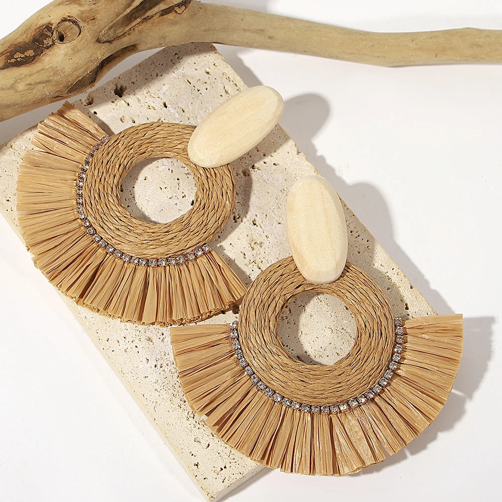 AENSOA Handmade Woven Rattan Knit Raffia Wooden Drop Earrings for Women Bohemian Circular Fan Shaped Statement Earrings Jewelry
