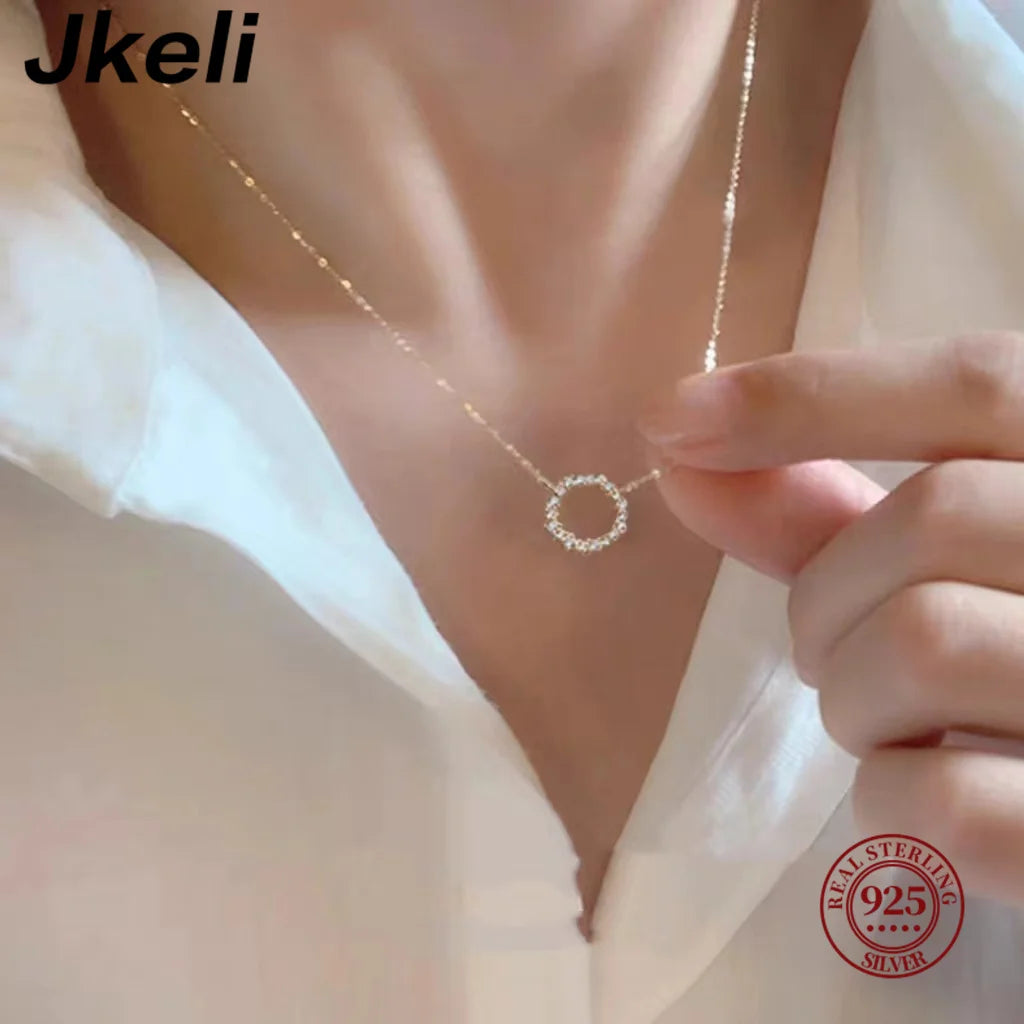 Jkeli - 100 % S925 Sterlingsilber, plattierte 18-karätige Goldhalskette mit Diamantkreis im japanischen und koreanischen K-Gold-Stil