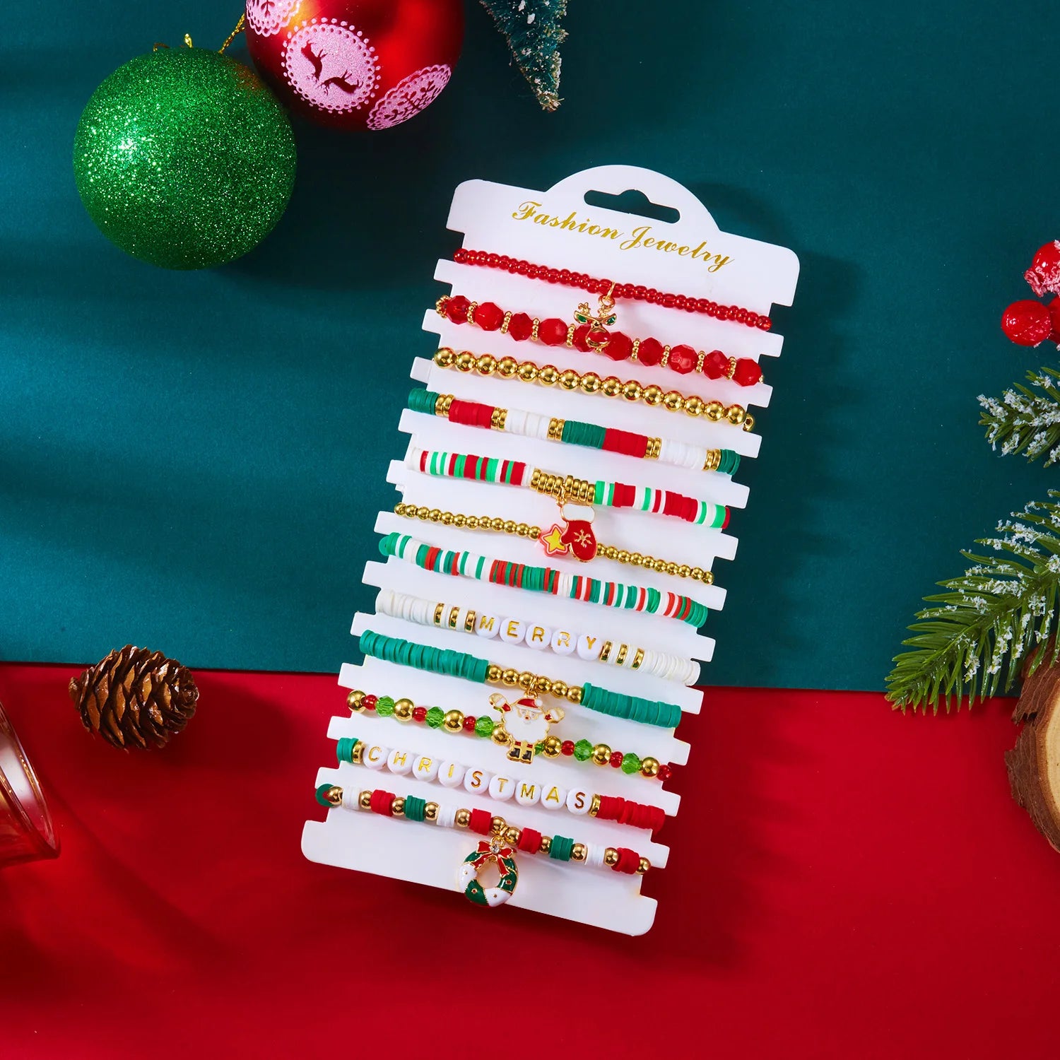 12/10Pcs Elastic Beaded Bracelets Christmas Colorful Beads Soft Clay Pottery Stretchy Strand Chain Bangle Party Festival Jewelry