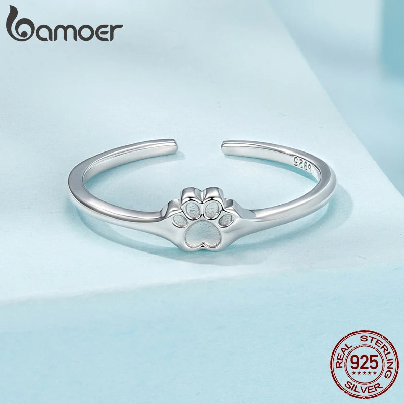 BAMOER Solid 925 Sterling Silver Pet Paw Open Band Ring for Women, Classic Minimalist Ring for Pet Lovers