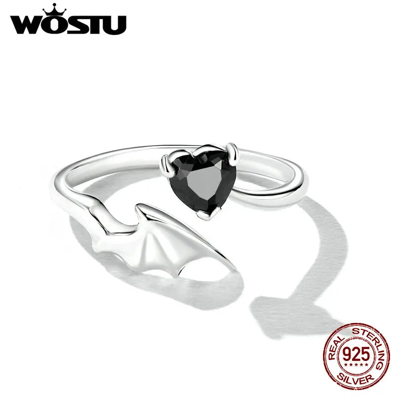 WOSTU 925 Sterling Silver Black Heart Zircon Open Ring For Womem Retro Devil Wing Rings Punk Jewelry Girl Party Birthday Gift
