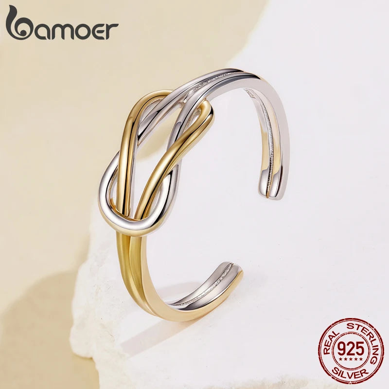 BAMOER 925 Sterling Silber Zweifarbiger Kreuzring, eleganter, polierter Doppelknotenring für Damen, Teenager und Mädchen – ein tolles Geschenk für Partys