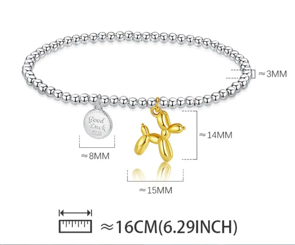 Genuine 925 Sterling Silver Minimalist 3mm Beads Animal Balloon Dog Elastic Bracelet For Women Wedding Jewelry DA2609