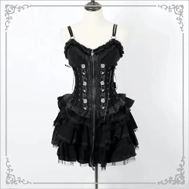 Gothic Lolita Y2k Dress Women Vintage Victorian Harajuku Lace Bandage Rose Embroidery Party Dresses Girls Sleeveless Vestidos
