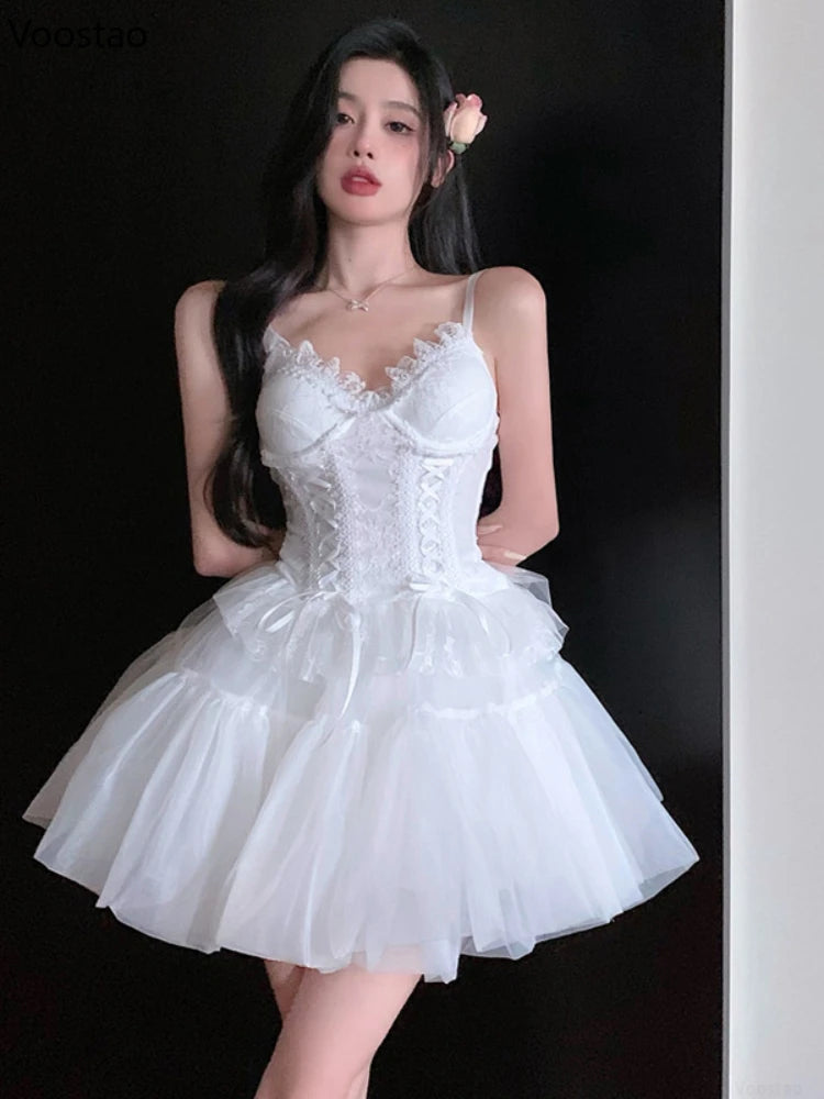 French Sexy Mesh Princess 2 Piece Set Women Beach V-Neck Lace Bandage Slim Camisole Crop Tops High Waist Fluffy Mini Skirts Suit