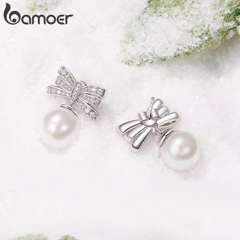 BAMOER Schleifen-Ohrringe für Damen, trendige, weißvergoldete Perlen-Ohrhänger mit Schleife, Ohrstecker für Hochzeit, Party, Alltag, Schmuck, Geschenke