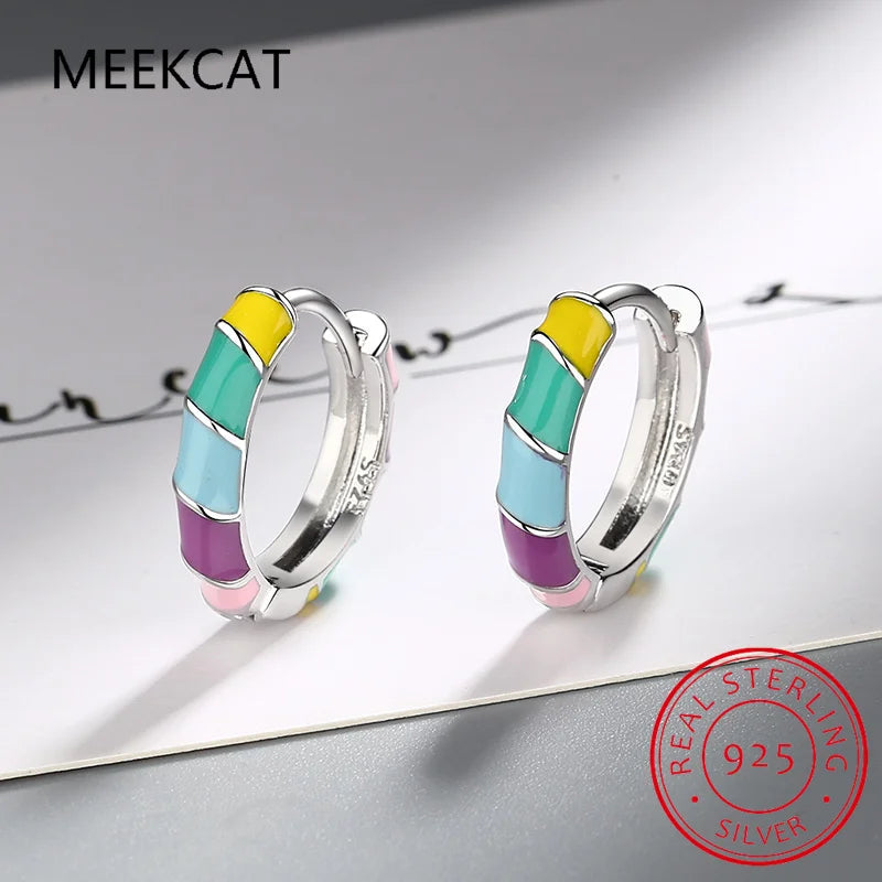 925 Sterling Silver Colorful Enamel Round Ear Buckles for Women Rainbow Glaze Twist Hoop Earring Huggies Fine Jewelry Gift