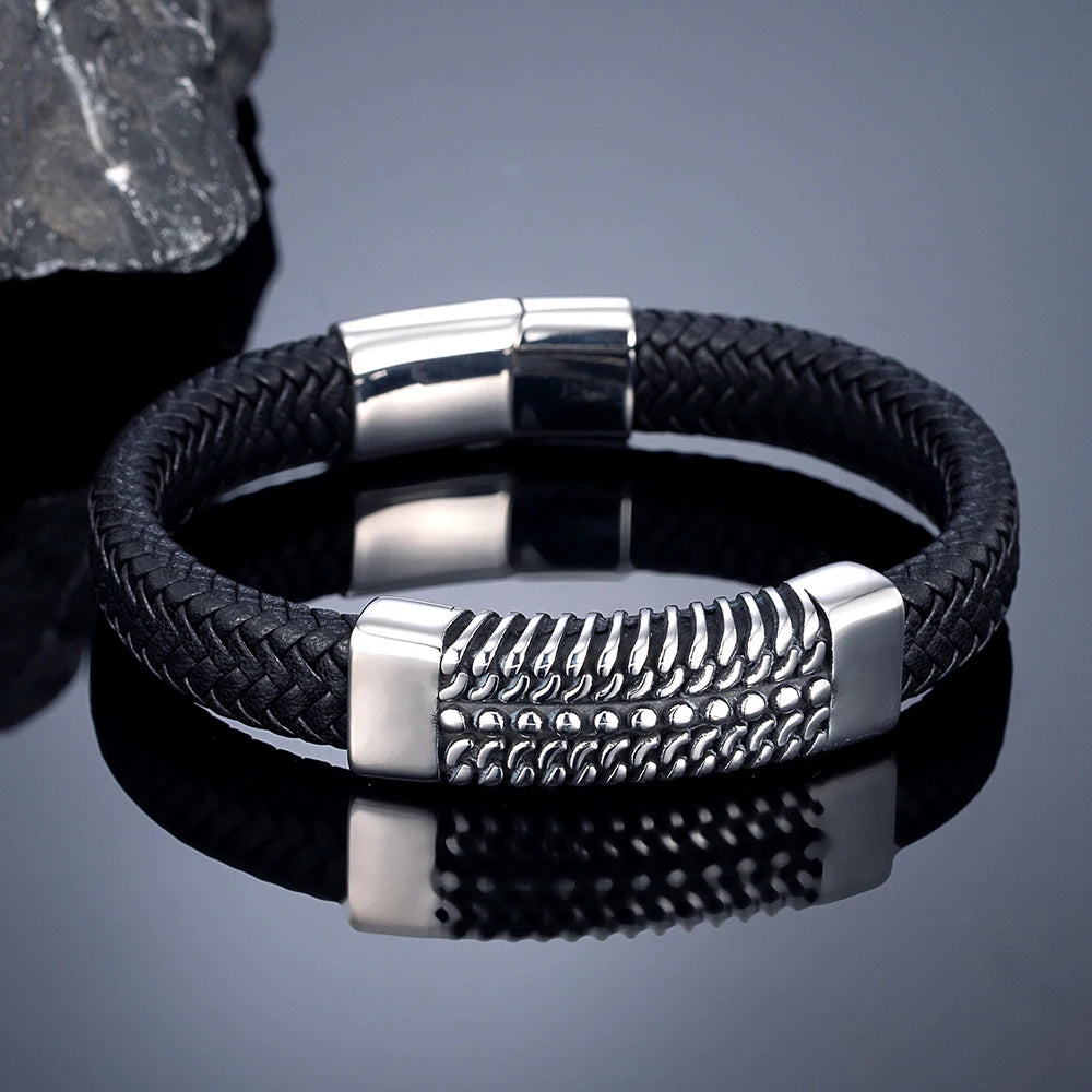 MKENDN Viking Leather Cuff Bracelet Norse Wristband in Black Blue Red Men's Leather Bracelet Viking Warrior Jewelry Gift For Son