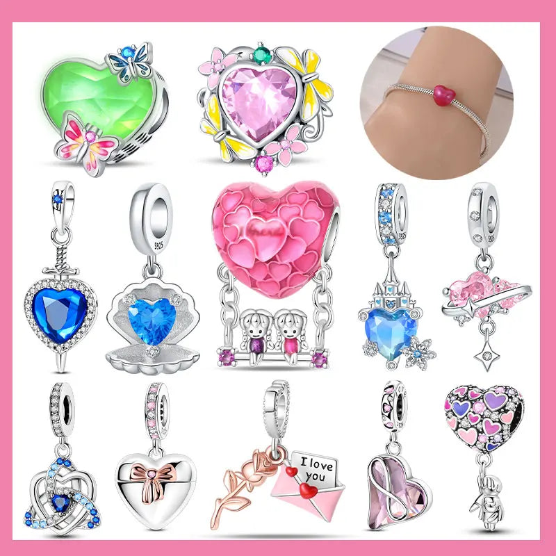925 Sterling Silver Sparkling Pink Heart Charm Pendant Beads Fit Original Bracelet for Women Valentine Day Jewelry Gifts