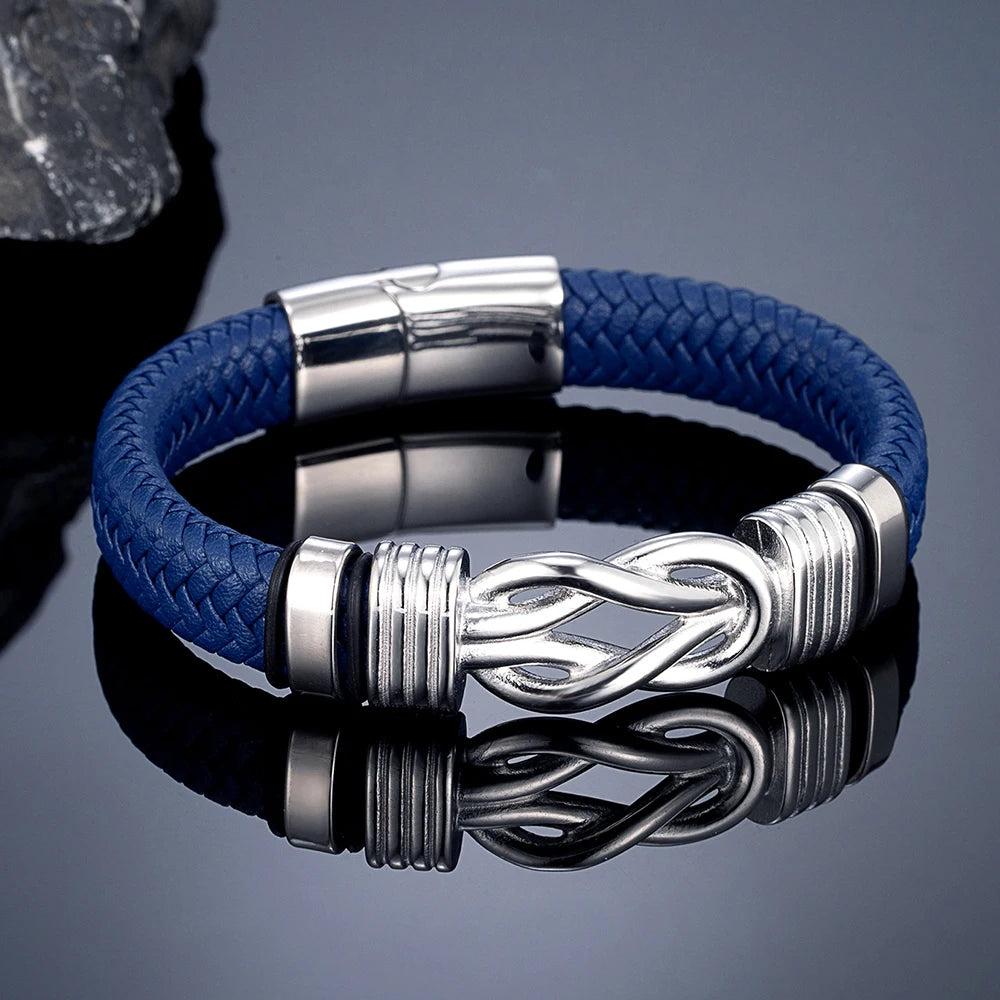 MKENDN Classic Men Infinity Knot Bracelet Woven Braided Leather Bracelets For Women Forever Linked Stainless Steel Jewelry Gifts