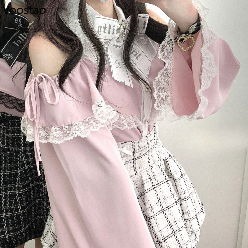 Japanese Gothic Lolita Shirts Women Vintage Kawaii Lace Ruffles Off Shoulder Long Sleeve Blouses Y2k Aesthetic Sweet Tops Blusas