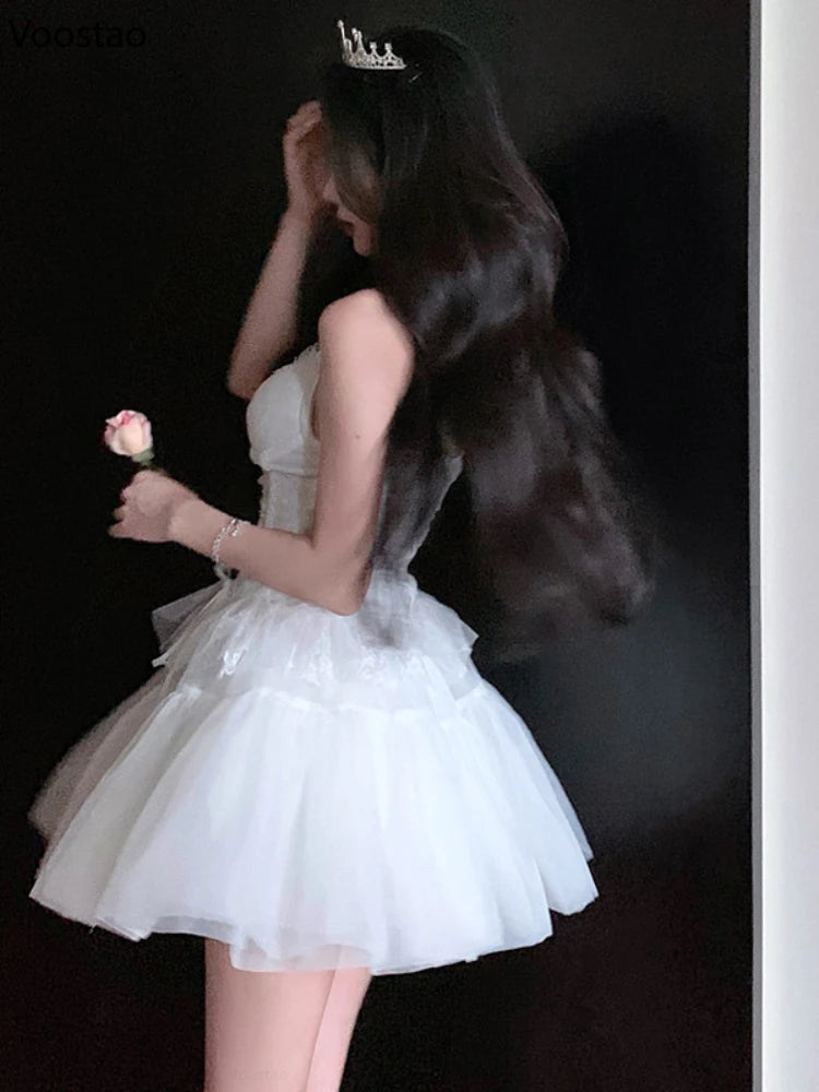 French Sexy Mesh Princess 2 Piece Set Women Beach V-Neck Lace Bandage Slim Camisole Crop Tops High Waist Fluffy Mini Skirts Suit