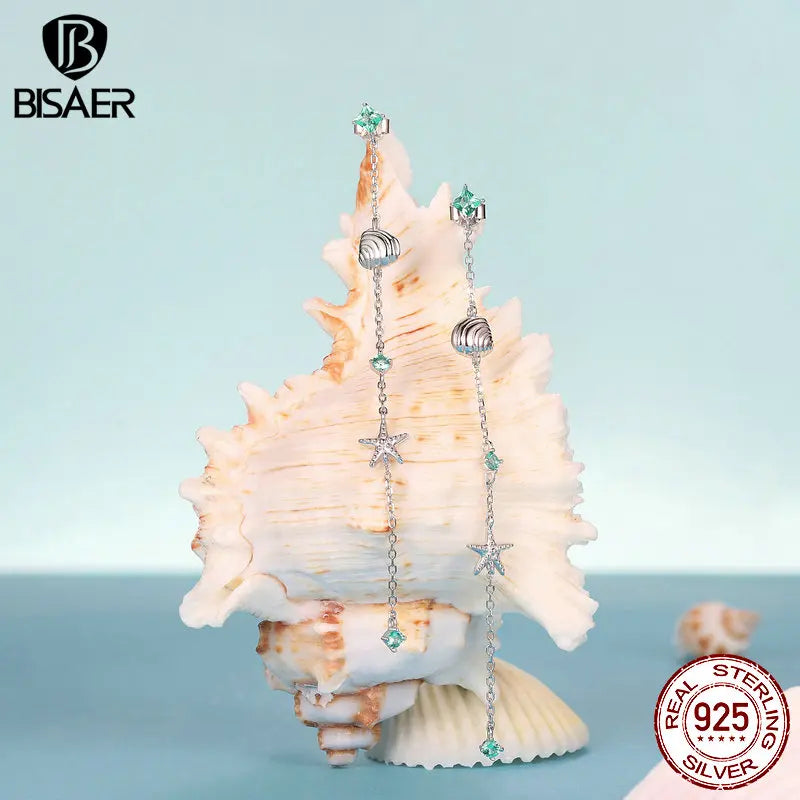 BISAER Boucles d'oreilles à tige en argent sterling 925 avec motif coquillage et étoile de mer pour femme, bijoux fins, cadeau pour fête sur la plage