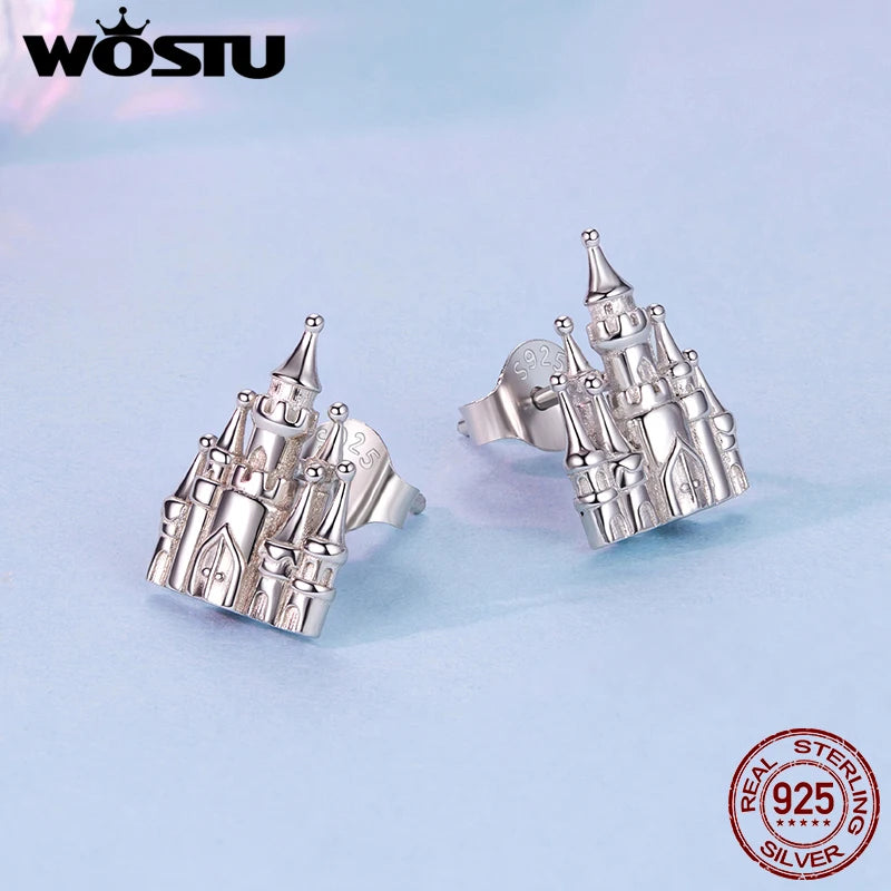 WOSTU 925 Sterling Silver Princess Castle Stud Earrings For Women, Dainty Fairy Tale Inspired Jewelry Unique Gift for Girls