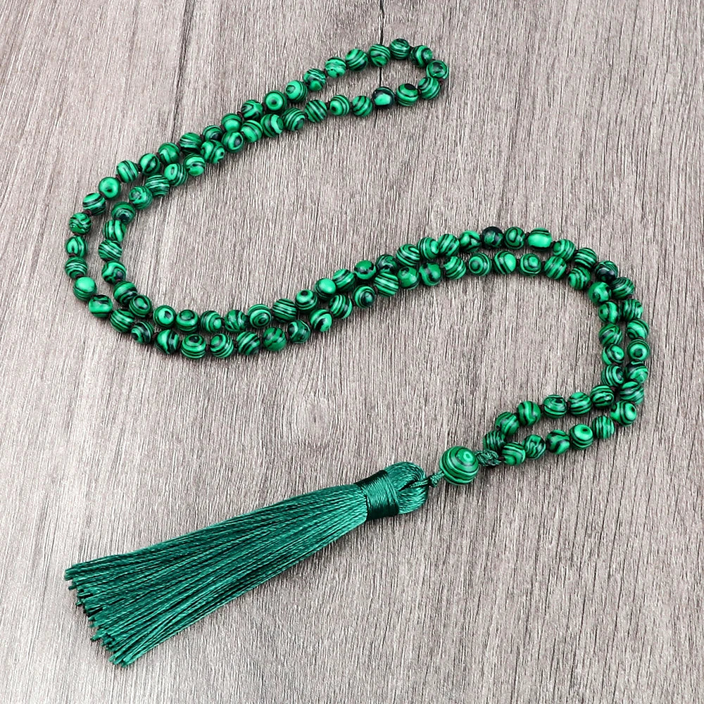 108 Mala Beaded Tassel Necklace Tiger Eyes Turquesa Meditation Yoga Jewelry Women Malachite Bohemian Ethnic Amazonite Necklace