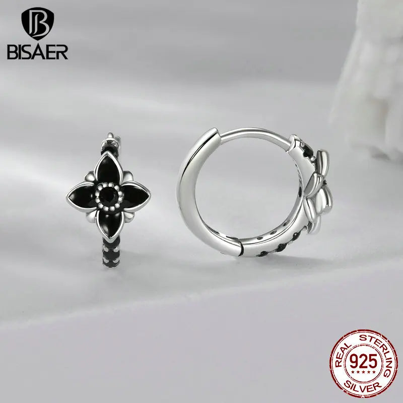 BISAER Boucles d'oreilles à tige en argent sterling 925 véritable avec fleur de nuit vintage en émail noir pour femme, bijoux fins de fête