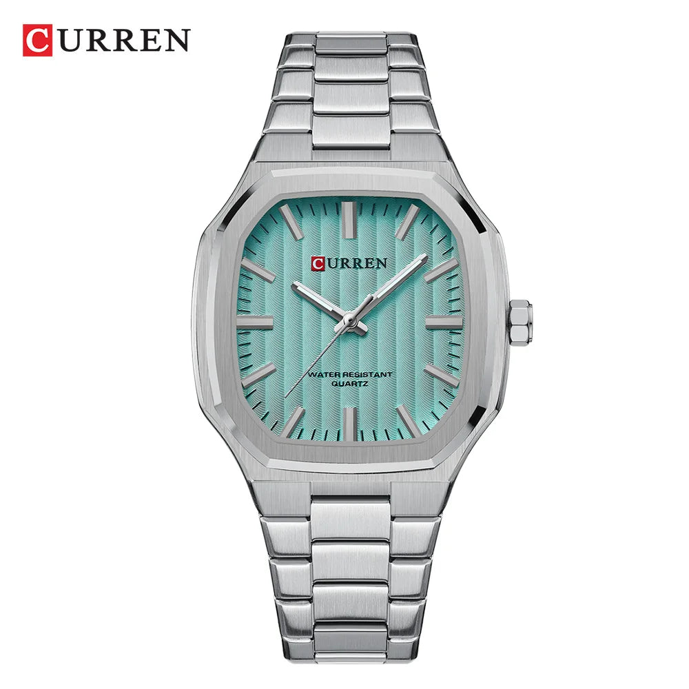 CURREN Luxury Business Square Quartz Watches  Classic Stripe Design Dial with Stainless Steel Band Wristwatch for Men