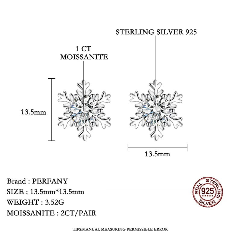 PERFANY 0.3-1CT Moissanite Stud Earrings Women S925 Pure Silver Snowflake Design Laboratory Diamond Elegant Fashion Jewelry - Madeinsea©