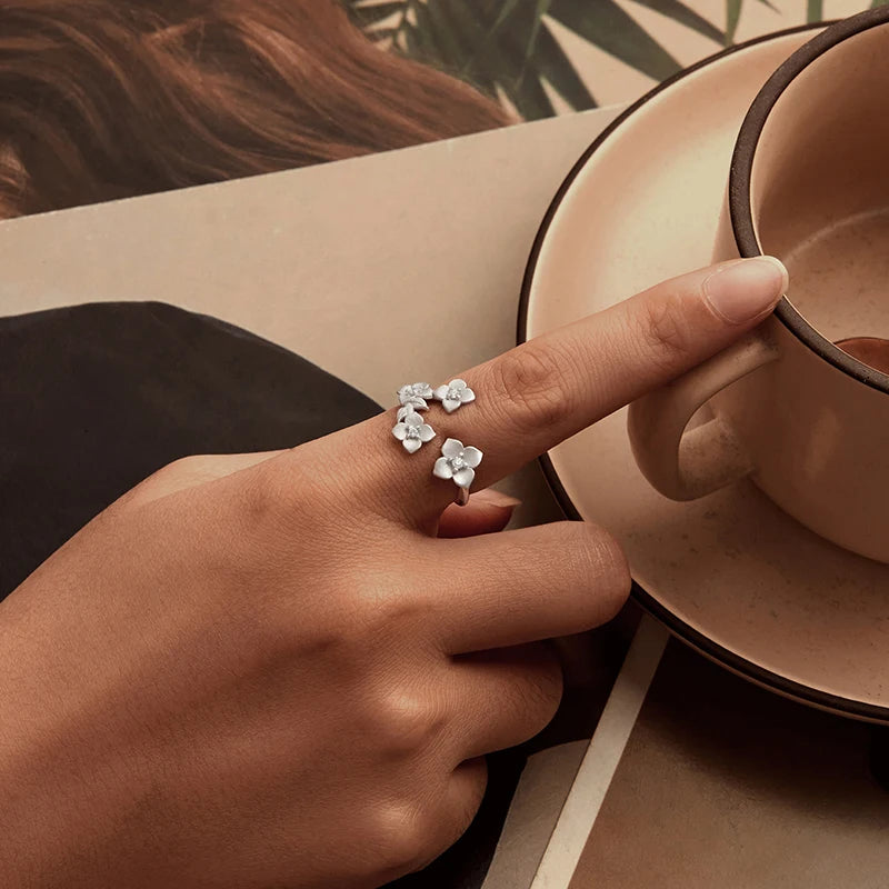 WOSTU 925 Sterling Silver Frosted Flower Open Ring AAA Zircon Flower Stud Eearrings Wedding Set Valentine luxury Jewelry Gift