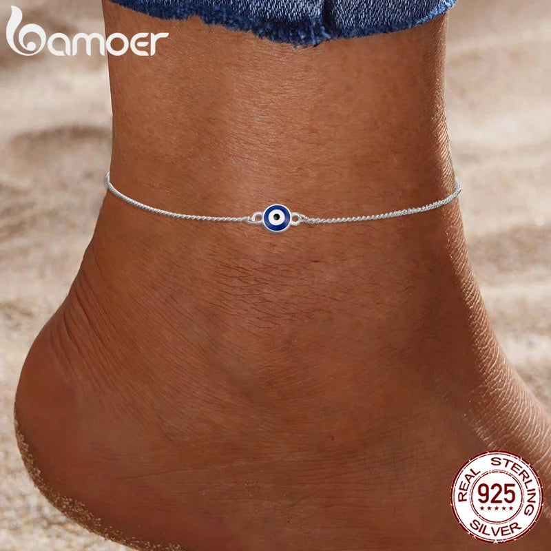 BAMOER 925 Sterling Silver Blue Evil Eye Charm Anklet for Women, Gold Plated Beach Party Trendy Jewelry Girl Guard Gift