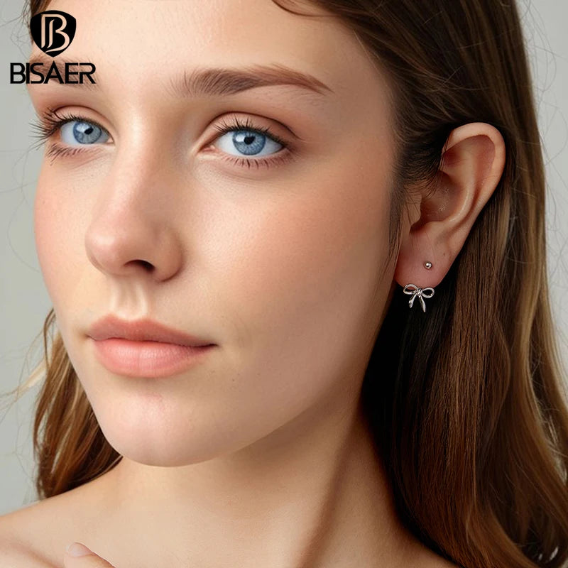 BISAER 925 Sterling Silver Bowknot Stud Earrings,Lightweight Hypoallergenic Plated White Gold for Women Party Fine Jewelry Gift