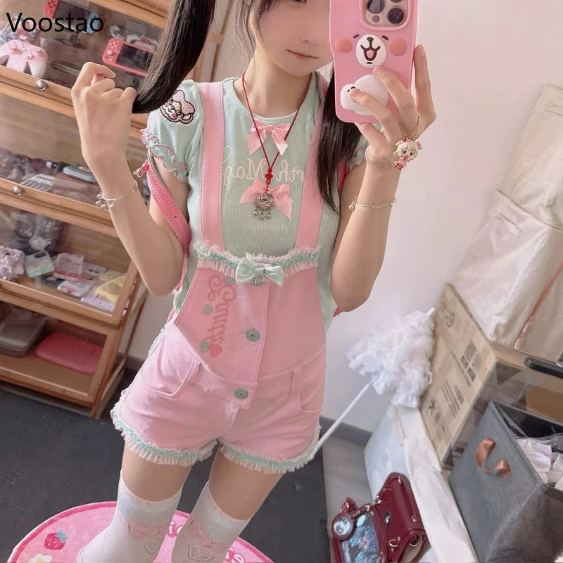 Japanese Kawaii Lolita Style Shorts T-Shirt Sets Women Sweet Cute Bow Cartoon Embroidery Tees Overalls Short Pants Y2k Outfits