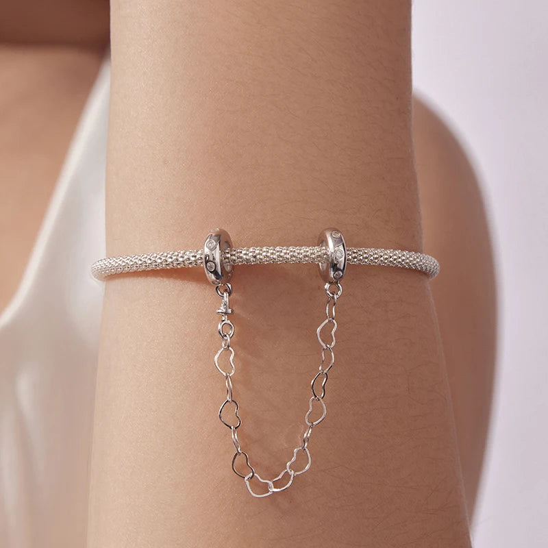 WOSTU Original 925 Sterling Silver Pink Bow Heart SnowFlake Safety Chain Turtle Spacer bead Fit Bracelet Jewelry Making DIY Gift