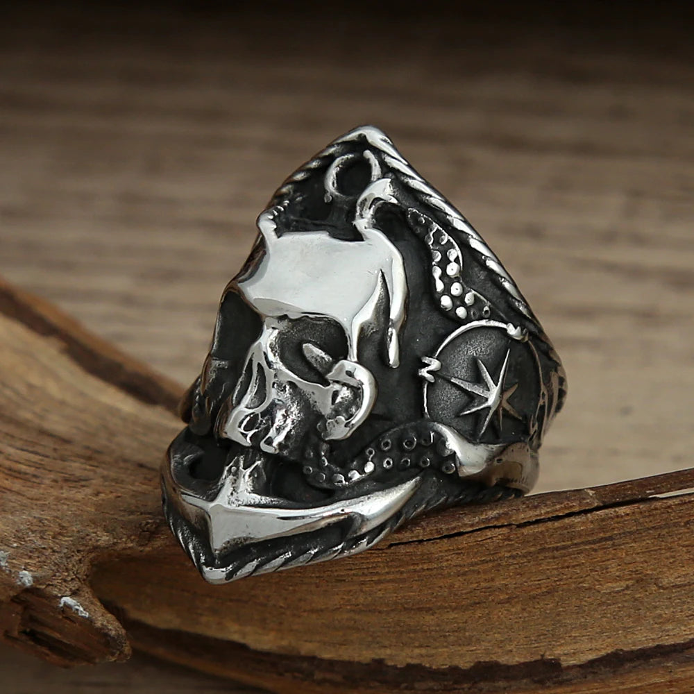 Unique Pirate Octopus Anchor Adsorption Compass Ring For Men 316L Stainless Steel Gothic Pirate Punk Skull Biker Ring Wholesale
