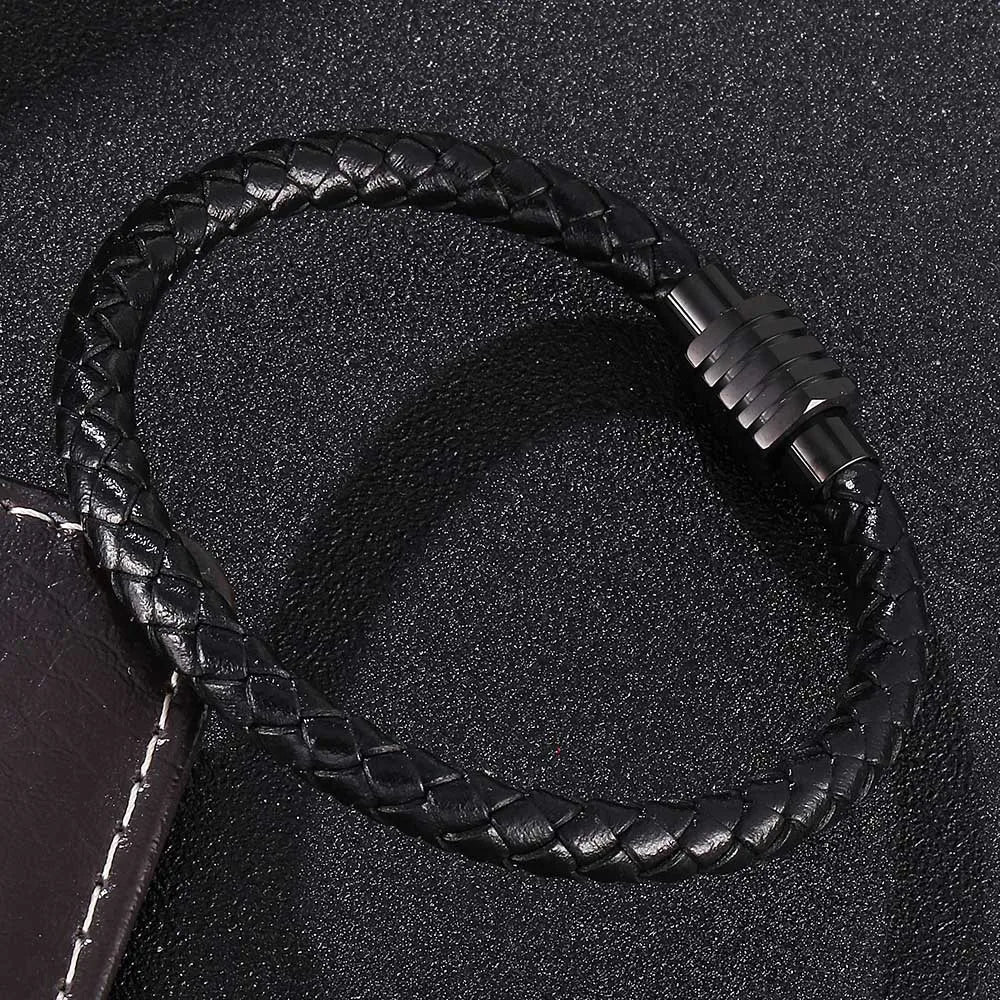 MKENDN Fashion Punk Men Jewelry Black Braided Leather Bracelet Stainless Steel Magnetic Clasp Fashion Bangles Gift