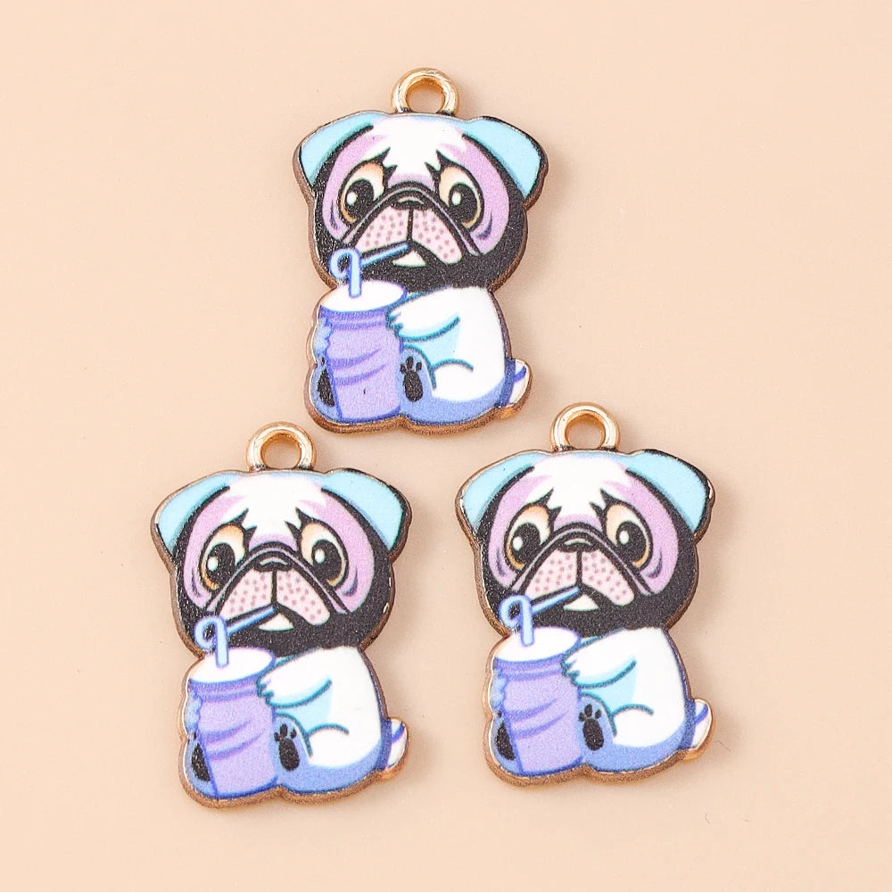 Leslie 10pcs New Cartoon Animal Dog Charms Enamel Metal Book Drinking Dog Pendants For Women DIY Necklace Earrings Jewelry Gifts