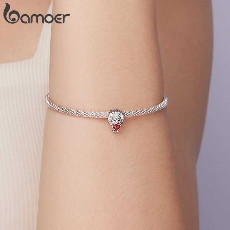 Bamoer Löwenanhänger aus 925er Sterlingsilber mit rotem Herz und Zirkonia-Perlen – niedliche Tierperlen für Damenarmbänder, DIY-Geschenkidee