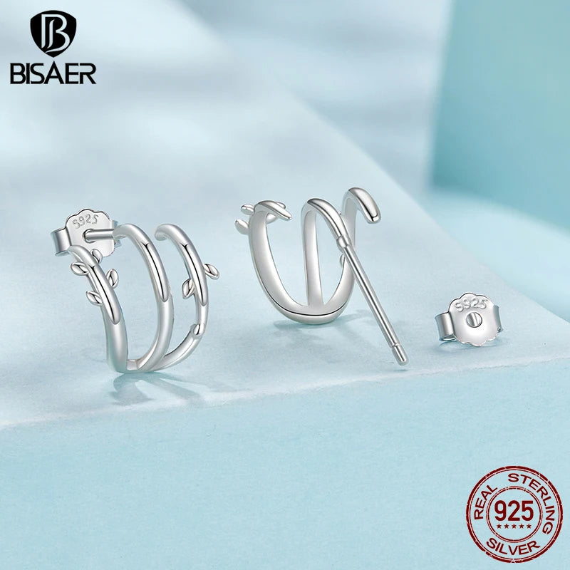 BISAER Solid 925 Sterling Silver Multi-layer Leaves Earrings Simple leaf Stud Earrings for Women Party Fine Jewelry ECE1897
