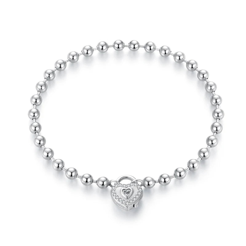 WOSTU Real 925 Sterling Silver Beaded Bracelet with Heart Lock Pendant & CZ, s925 Valentine Jewelry Love Bangle Gift For Her
